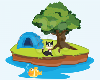 The Tent on small island in ocean.Vector illustration