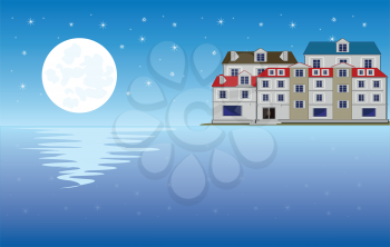The Moon night and city ashore ocean.Vector illustration