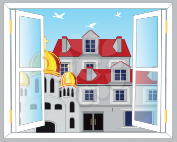 The Open window and view on city.Vector illustration