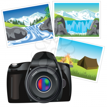 Digital photo camera and picture of the nature on white background
