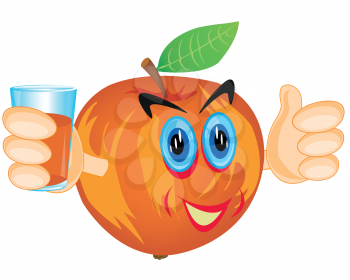 Cartoon alive apple with juice in hand on white background