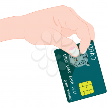 Hand of the person with bank card on white background is insulated