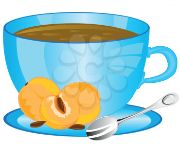 Cup of tea and fruits plum on white background