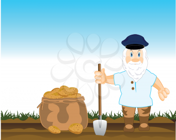 The Man in field digs the potatoes.Vector illustration