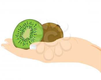 Palm of the person with fruit kiwi on white background is insulated