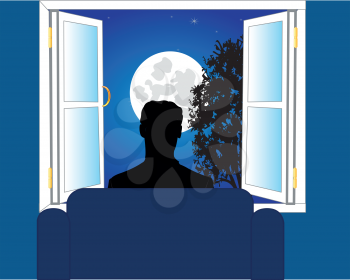 Man in easy chair peers into window on moon