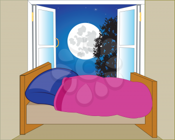 Room with bed and open window with night landscape