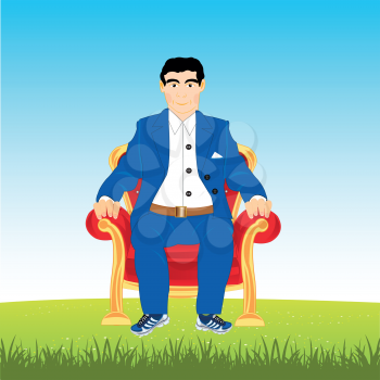 Man in suit sits in easy chair on year meadow