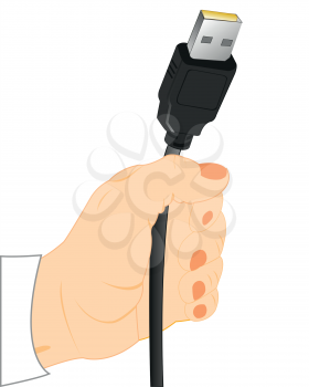 Cable with connector in hand of the person on white background