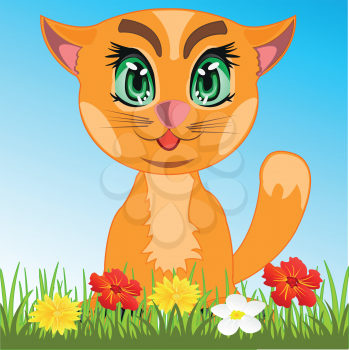 Redhead cat in herb amongst flower.Vector illustration