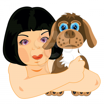 Girl brunette with loved charge by dog on white background