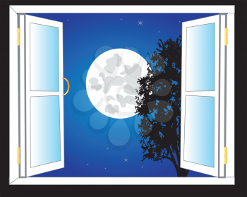 Open window with view on moon night and stars