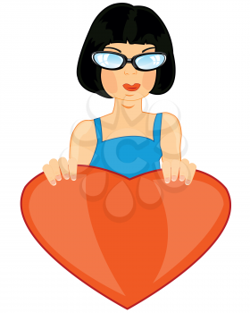 Beautiful girl bespectacled and red heart on white background
