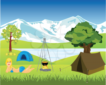 Tents and campfire ashore lake by summer