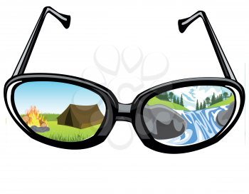 Reflection of the landscape of the nature in glass spectacles