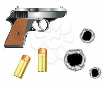 Gun with patron and bullet holes on white background