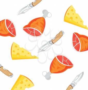 Products of the feeding meat,cheese and knife on white background