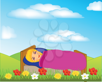 Girl sleeps on bed in the middle glade with flower