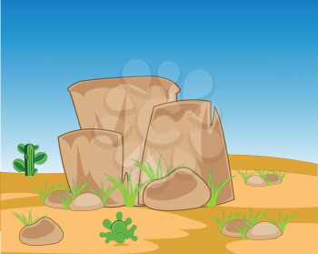 Stone mountain amongst lifeless desert with cactus