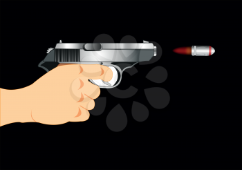 Hand with gun and flying bullet on black background