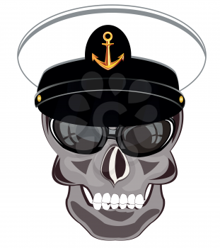 Cartoon of the skull of the person in service cap of the sea captain and bespectacled
