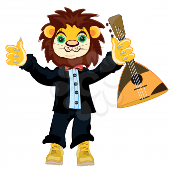Cartoon animal lion in suit and with balalaika