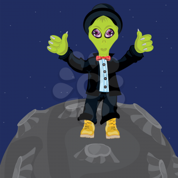 Cartoon stranger in fashionable suit on distant planet