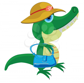 Vector illustration of the female of the crocodile in hat and hand-bag in hand