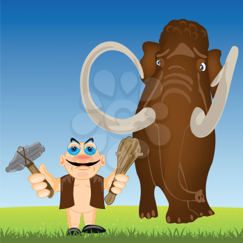 Vector illustration of the primitive person and mammoth on glade