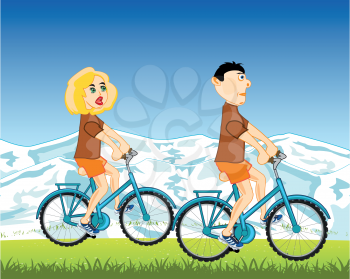 Man and woman ride on bicycle on glade