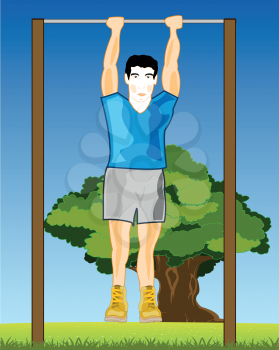 Man is tightened on horizontal bar on background of the nature
