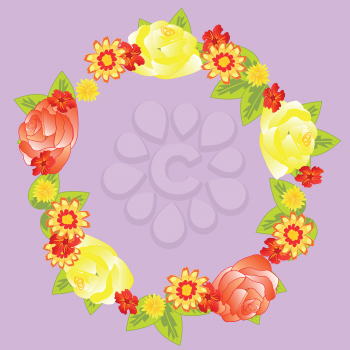 Wreath from flower and foliages on rose background