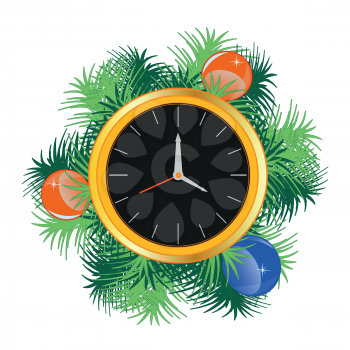 Vector illustration new year s hours decorated fur branch with toy