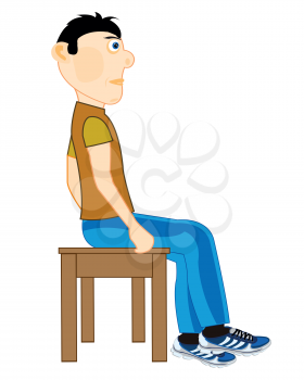 Young man sits on chair on white background