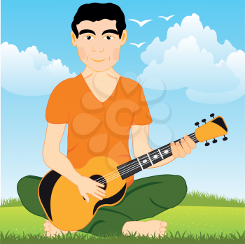 Man on nature plays on guitar.Vector illustration