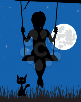 Silhouette of the girl on seesaw in the night