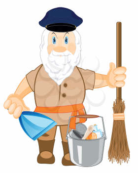Man caretaker with broom and pail of the full rubbish