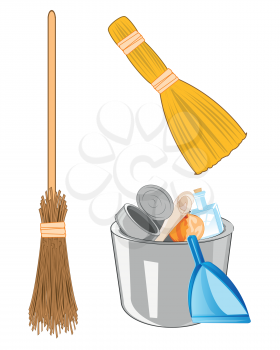 Vector illustration full pail with rubbish and besom with broom