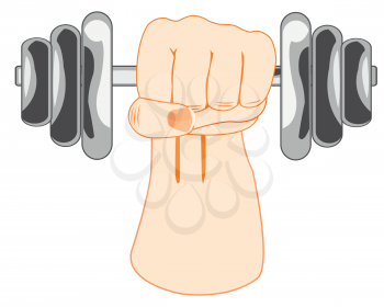Hand of the person raising dumbbell on white background is insulated
