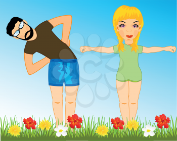 Vector illustration of the girl and men doing gymnastic exercises on year glade
