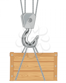 Wooden box with cargo on hook of the tap