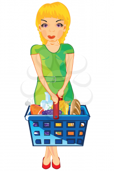 Girl in shop with basket pervaded product on white background is insulated