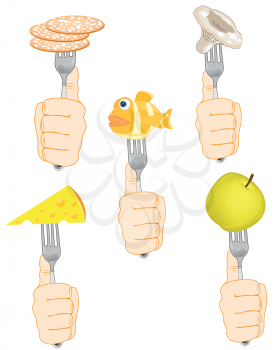 Products of the feeding on fork in hand on white background