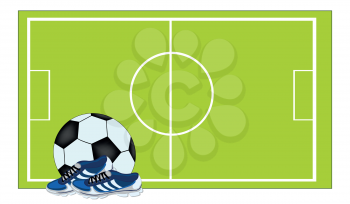 Soccer field with sectoring and ball with atheletic footwear