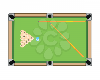 Billiard table and balls with cue on white background is insulated