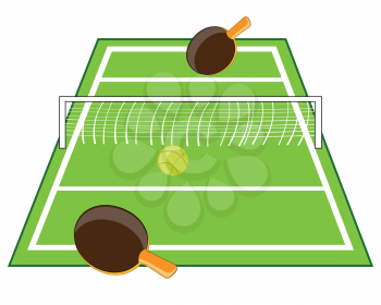 Tennis table with racket and ball on white background