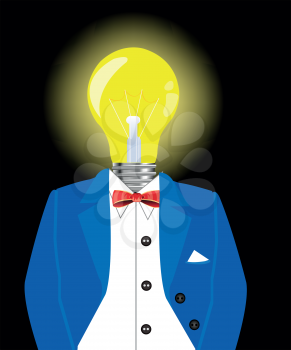 Portrait of the person in suit with head instead of light bulb in the dark