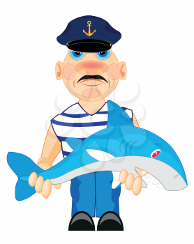 Sailor in service cap with big shark in hand