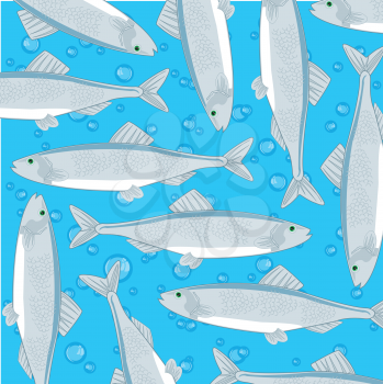 Vector illustration of the decorative pattern of seagoing fish herring on turn blue background and bladder of the air