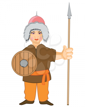 Vector illustration of the cartoon of the medieval warrior to asiatic appearance with spear in hand